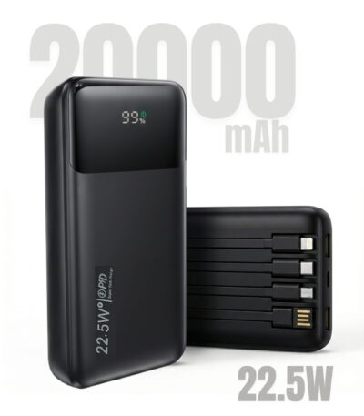 Levino Power Bank 20000mAh 22.5W Fast Charging, Flight Approved Lightweight Portable Powerbank with 4 Built-in Cables (USB, Type-C, Lightning, Mini USB), 2 USB + Type-C Port, Overheat Protection & Auto Charging Stop, Universal Fast Charger – Black