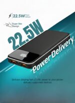 Levino Power Bank 20000mAh 22.5W Fast Charging, Flight Approved Lightweight Portable Powerbank with 4 Built-in Cables (USB, Type-C, Lightning, Mini USB), 2 USB + Type-C Port, Overheat Protection & Auto Charging Stop, Universal Fast Charger – Black