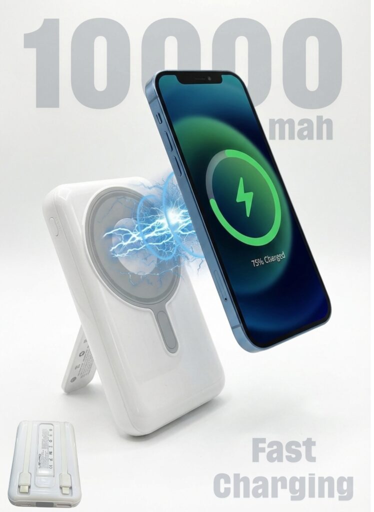 Levino MagSafe 10000mAh Power Bank 22.5W PD Fast Wired + 15W MagSafe Wireless, Strong Magnetic Hold, Foldable Stand, Digital LED Display, Built‑in Type‑C & Lightning Cables, USB + PD Ports — Works with iPhone 15/14/13/12, Samsung Galaxy S24/S23, Huawei, Xiaomi