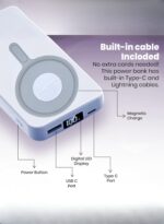 Levino MagSafe 10000mAh Power Bank 22.5W PD Fast Wired + 15W MagSafe Wireless, Strong Magnetic Hold, Foldable Stand, Digital LED Display, Built‑in Type‑C & Lightning Cables, USB + PD Ports — Works with iPhone 15/14/13/12, Samsung Galaxy S24/S23, Huawei, Xiaomi