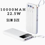 Levino 10000mAh Slim Power Bank with Pickup Handle – 22.5W Fast Charging, Smart Chip Overcharge Protection, Flight Approved, Built-in 4 Cables (USB, Type-C, Mini USB), 3 Ports, Compatible with iPhone 15/14/13, Samsung Galaxy S23/S22, Huawei P50/P40, Xiaomi, Oppo & More – White