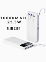 Levino 10000mAh Slim Power Bank with Pickup Handle – 22.5W Fast Charging, Smart Chip Overcharge Protection, Flight Approved, Built-in 4 Cables (USB, Type-C, Mini USB), 3 Ports, Compatible with iPhone 15/14/13, Samsung Galaxy S23/S22, Huawei P50/P40, Xiaomi, Oppo & More – White