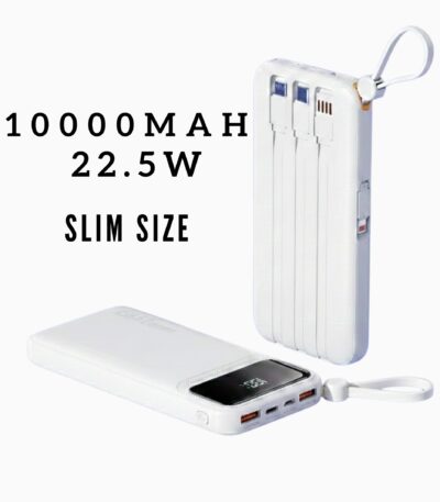 Levino 10000mAh Slim Power Bank with Pickup Handle – 22.5W Fast Charging, Smart Chip Overcharge Protection, Flight Approved, Built-in 4 Cables (USB, Type-C, Mini USB), 3 Ports, Compatible with iPhone 15/14/13, Samsung Galaxy S23/S22, Huawei P50/P40, Xiaomi, Oppo & More – White