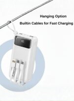 Levino 10000mAh Slim Power Bank with Pickup Handle – 22.5W Fast Charging, Smart Chip Overcharge Protection, Flight Approved, Built-in 4 Cables (USB, Type-C, Mini USB), 3 Ports, Compatible with iPhone 15/14/13, Samsung Galaxy S23/S22, Huawei P50/P40, Xiaomi, Oppo & More – White